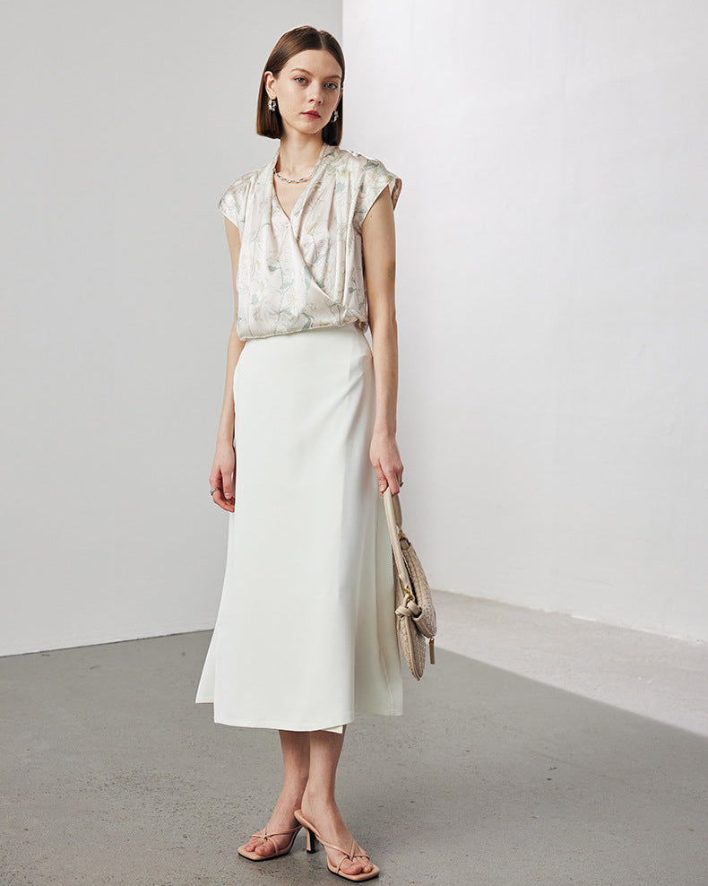 V-Neck Silk Printed Sleeveless Shirt