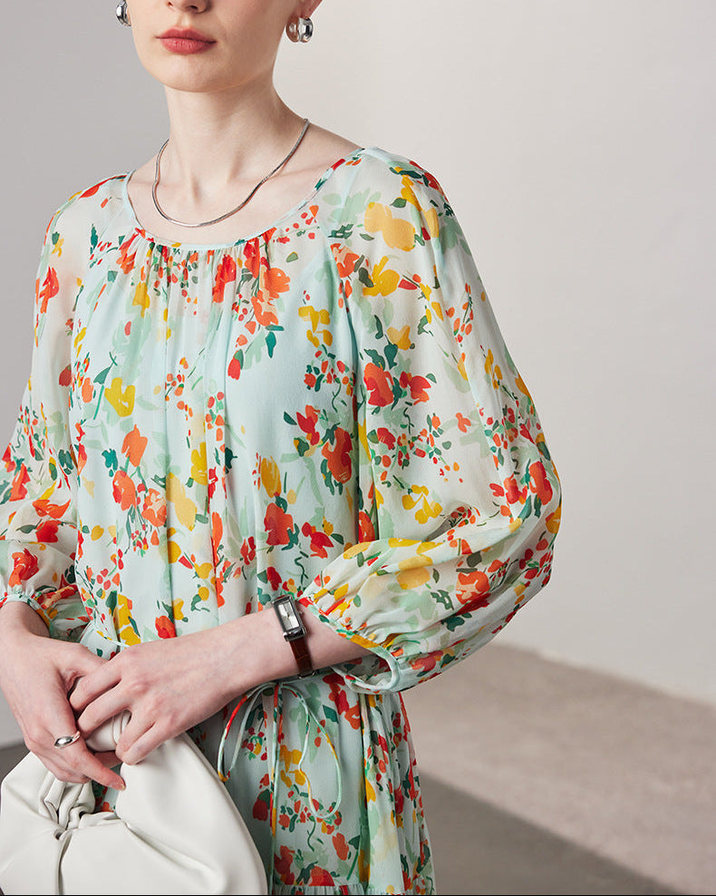 Printed Silk Three-Quarter Sleeve Dress
