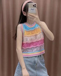 Women's rainbow striped acrylic knitted vest with a round O-neck and hollow-out knit pattern. This loose-fit, sleeveless pullover in a straight silhouette offers a lightweight layering option for spring and summer.