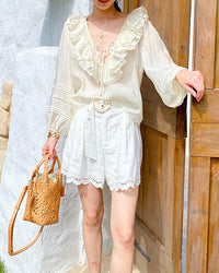 Cotton And Linen Embroidered Belt Shorts