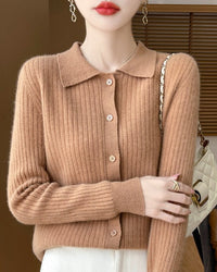Wool Cardigan Polo Collar Knit Sweater