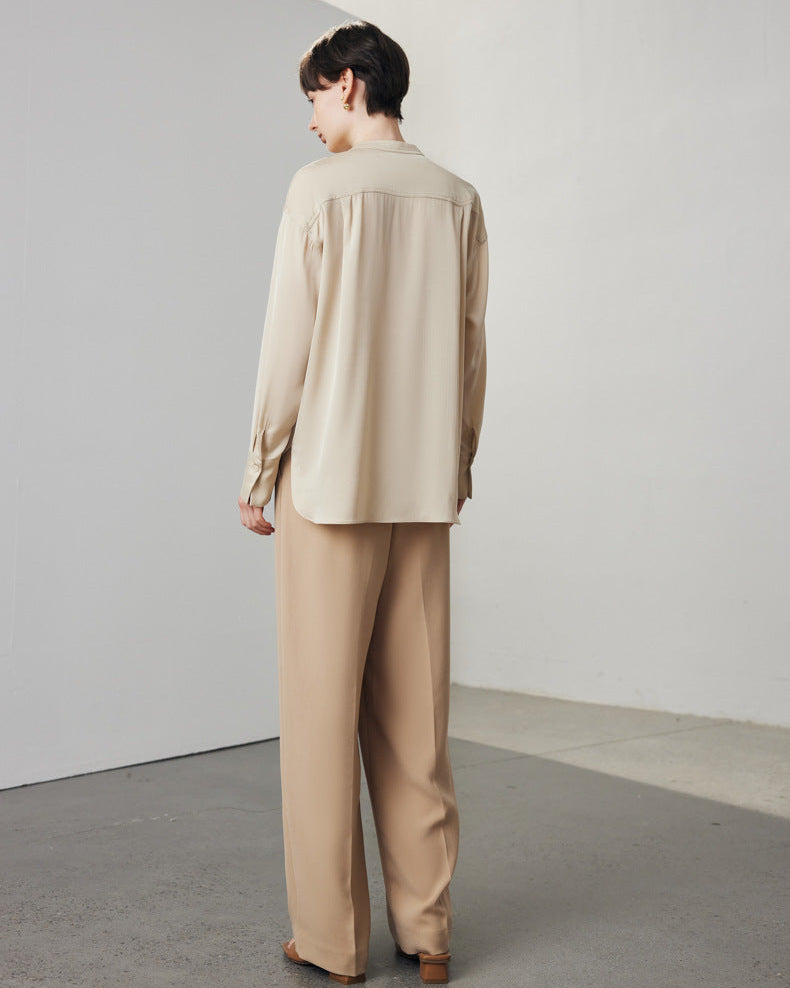 Loose-Fit Long-Sleeve Silk Shirt With Stand Collar