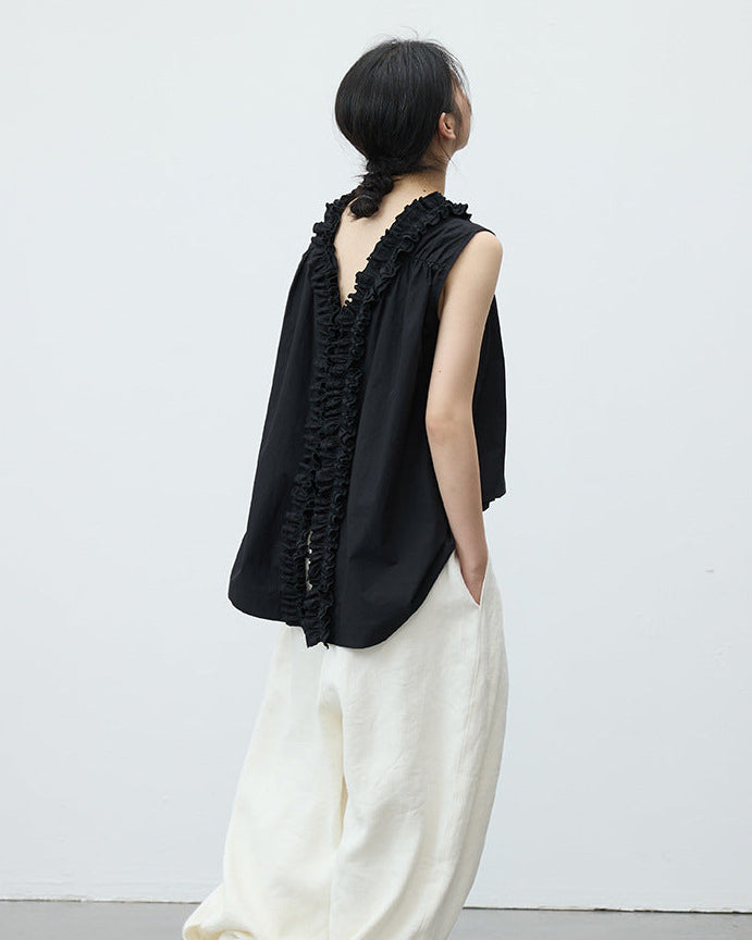 Ruffled V-Neck Button-Down Shirt