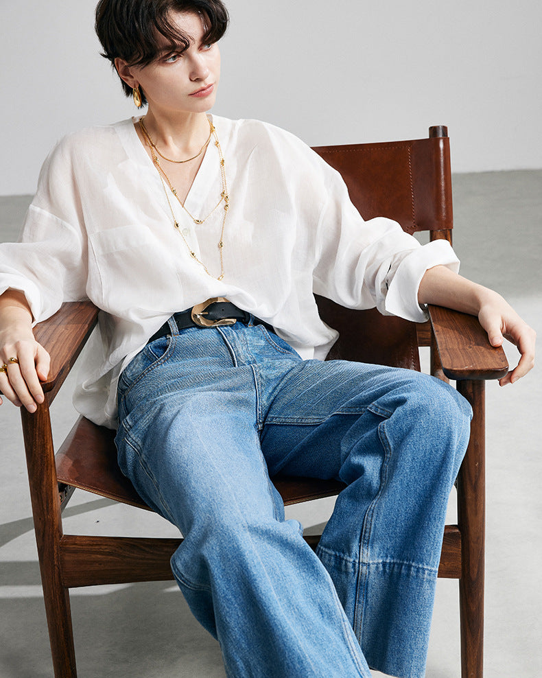 Loose-Fit Long-Sleeve V-Neck Linen Shirt