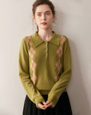 Cashmere Polo Collar Diamond Pattern Sweater