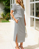 Collared Short-Sleeved Slit Skirt Two-Piece Set