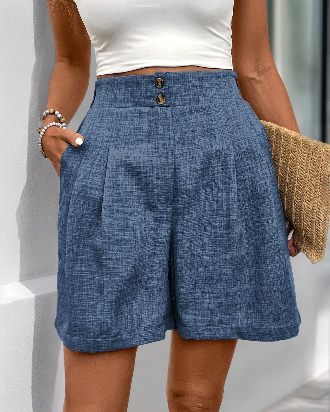 Solid-Color High-Waisted Straight-Leg Shorts