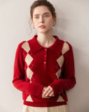 Cashmere Polo Collar Diamond Pattern Sweater