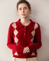 Cashmere Polo Collar Diamond Pattern Sweater