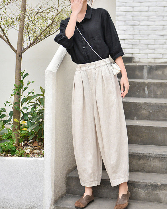 Linen High-Waisted Straight Leg Pants