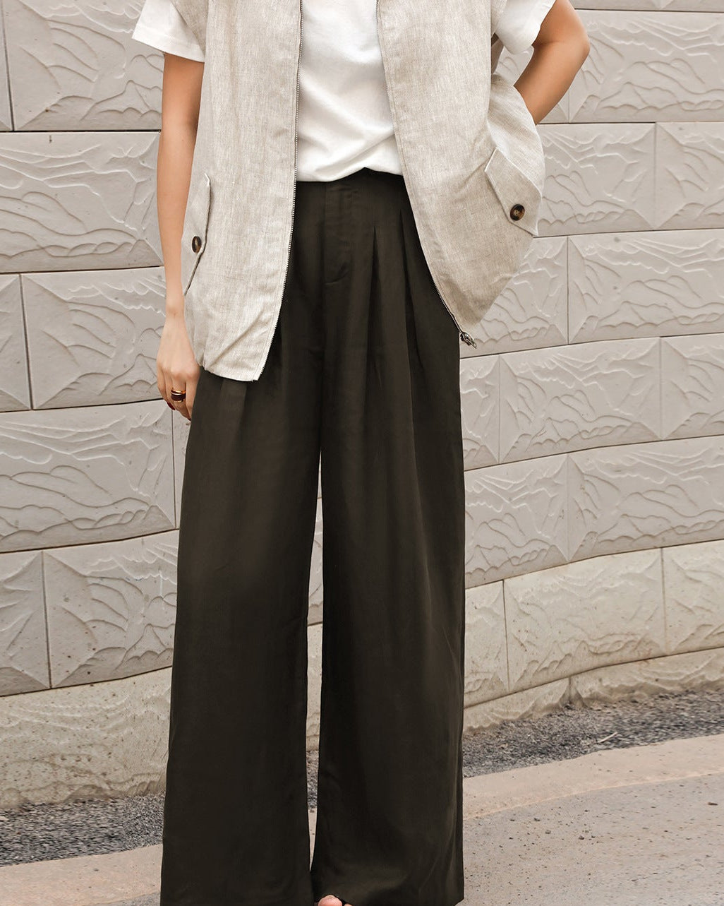 High-Waisted Draped Straight-Leg Trousers