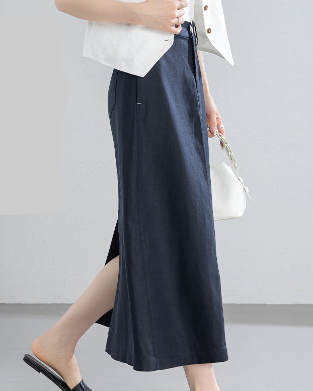 Retro Linen-Blend Straight Skirt
