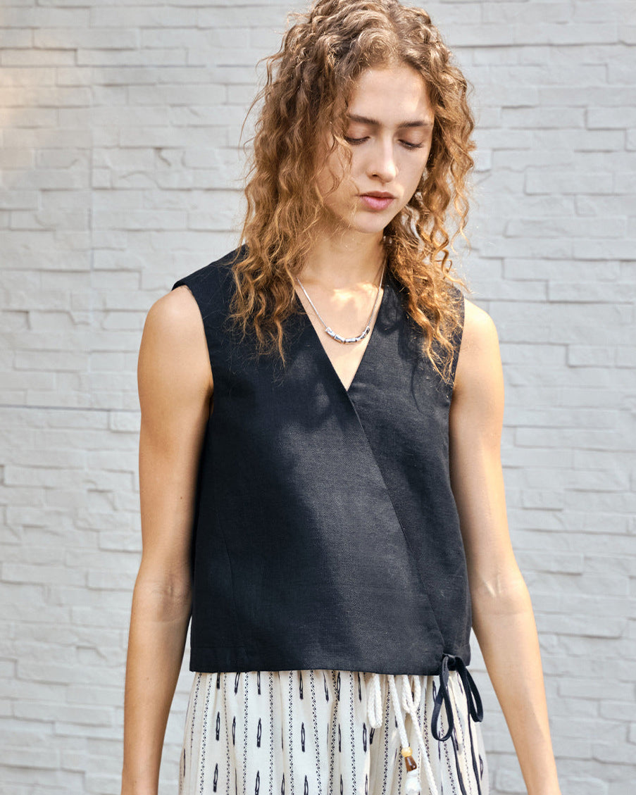 Linen V-Neck Sleeveless Tie-Front Vest