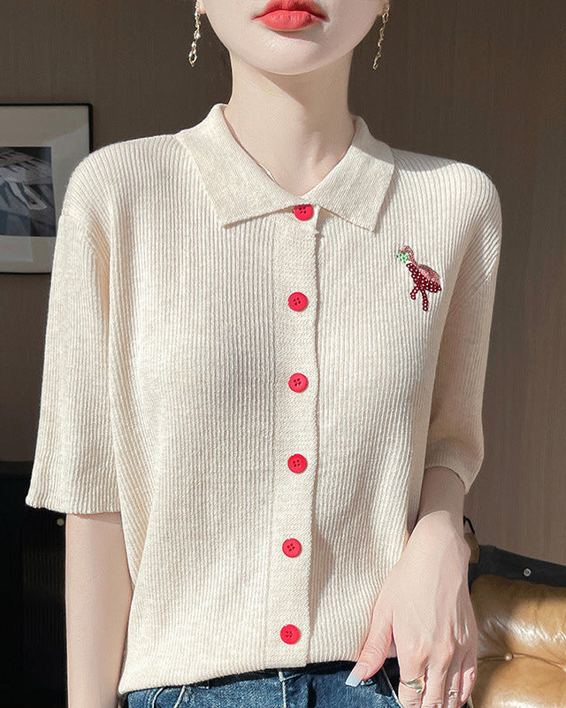 New Wool Polo Collar Short-Sleeved Cardigan