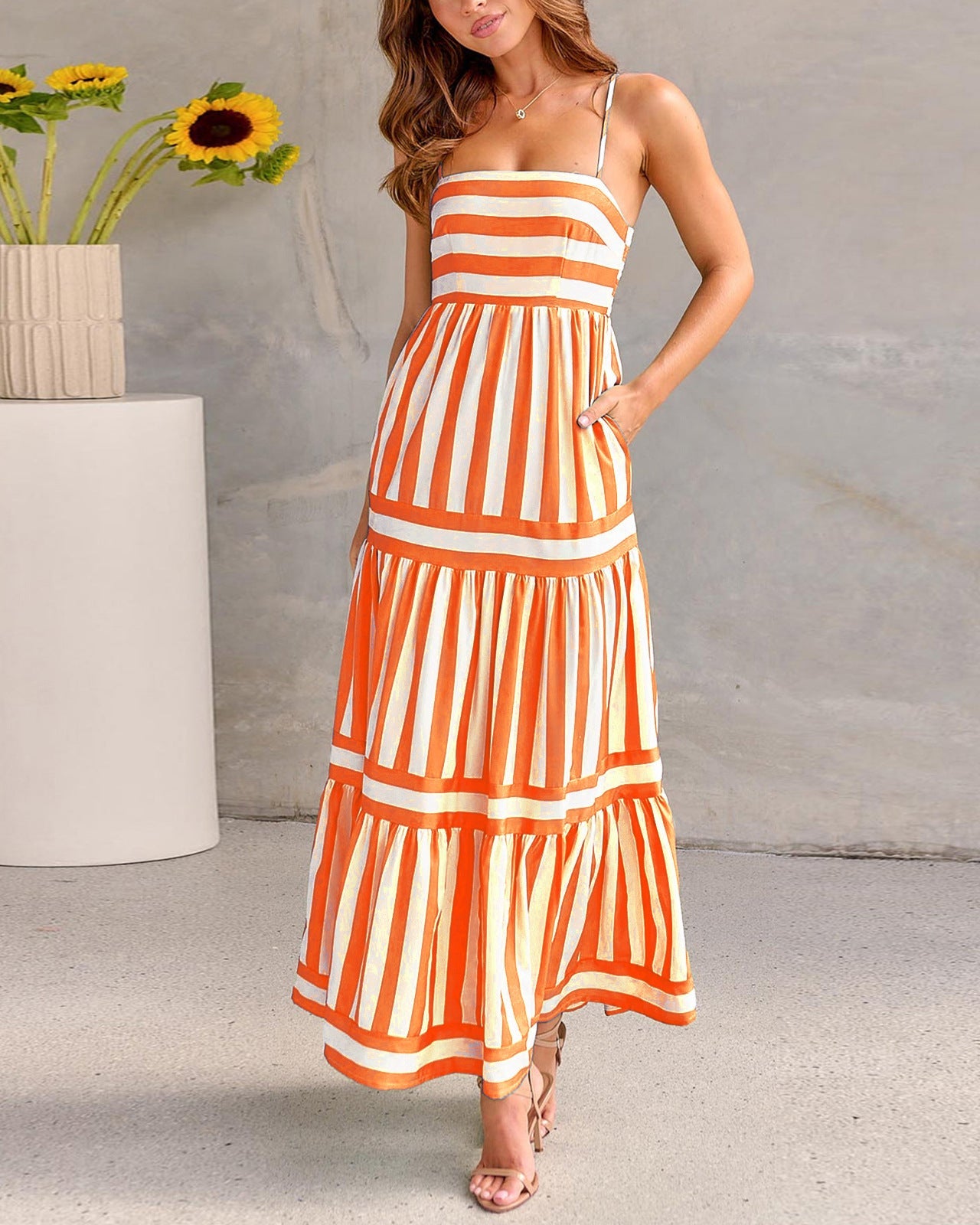 Striped Halter-Neck Backless Pocket Dress