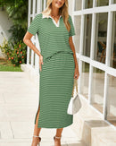 Collared Short-Sleeved Slit Skirt Two-Piece Set