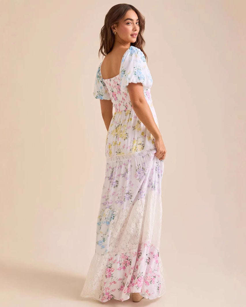 Puff-Sleeved Printed Pleated Dress