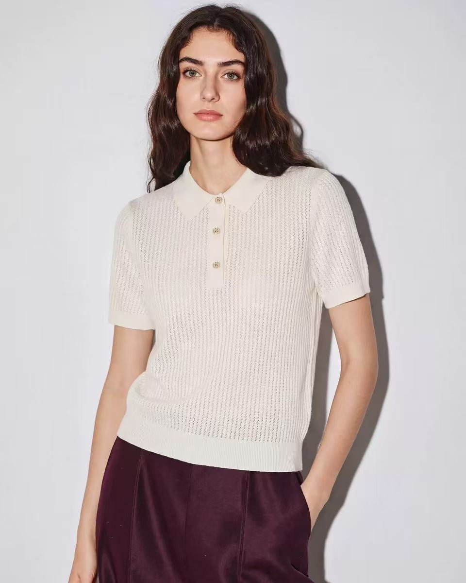 Wool Openwork Polo Collar Short-Sleeved Sweater