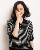Casual Short-Sleeve Striped Wool Sweater
