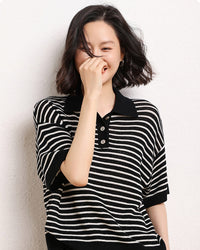 Casual Short-Sleeve Striped Wool Sweater