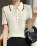 Women's short-sleeve worsted wool knit sweater featuring a classic polo collar and contrasting color detailing. A versatile foreign-style top perfect for spring and summer fashion.