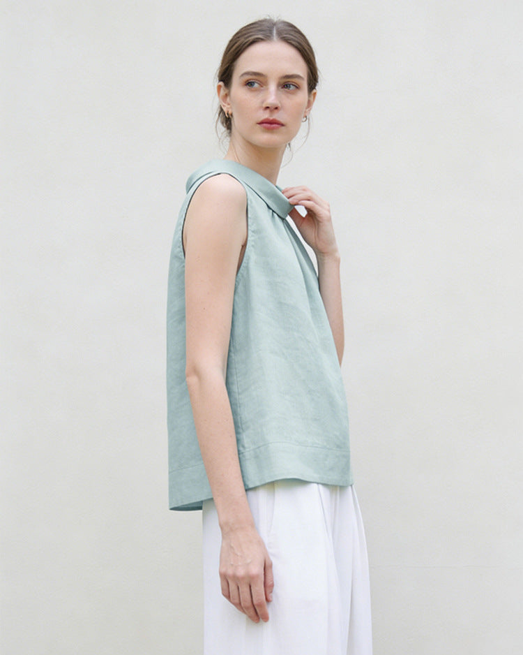 Loose-FitStand-Collar Sleeveless Linen Vest