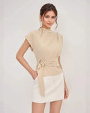 Semi-High Neck Short-Sleeve Waist-Defining Top