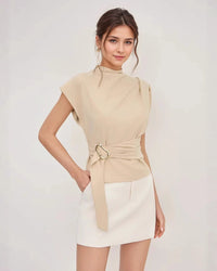 Semi-High Neck Short-Sleeve Waist-Defining Top