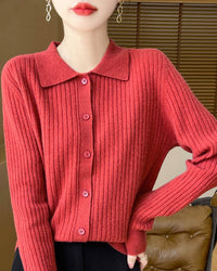 Wool Cardigan Polo Collar Knit Sweater