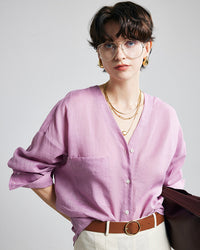 Loose-Fit Long-Sleeve V-Neck Linen Shirt