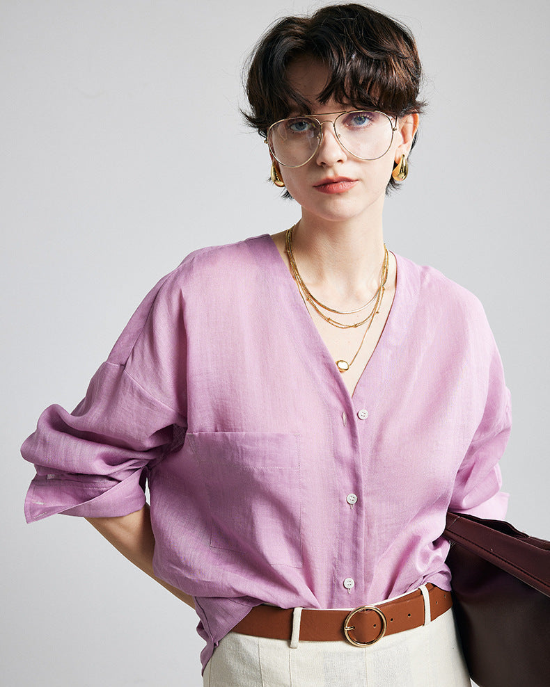 Loose-Fit Long-Sleeve V-Neck Linen Shirt