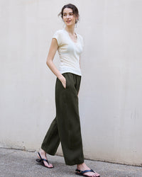 High Waist Linen-Blend Ankle Pants