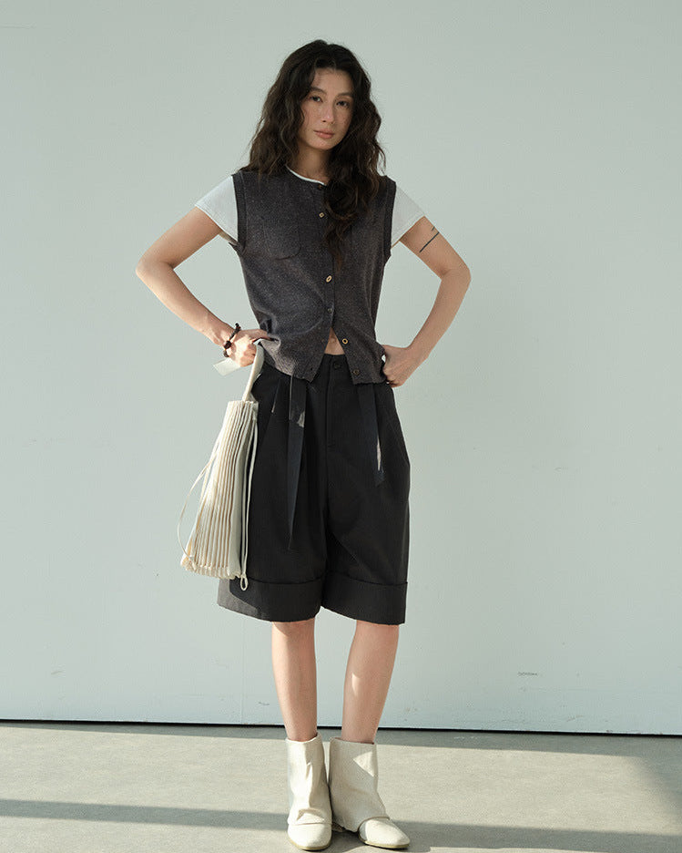 Loose-Fitting High-Waisted Tie-Up Shorts