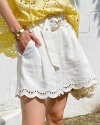 Cotton And Linen Embroidered Belt Shorts