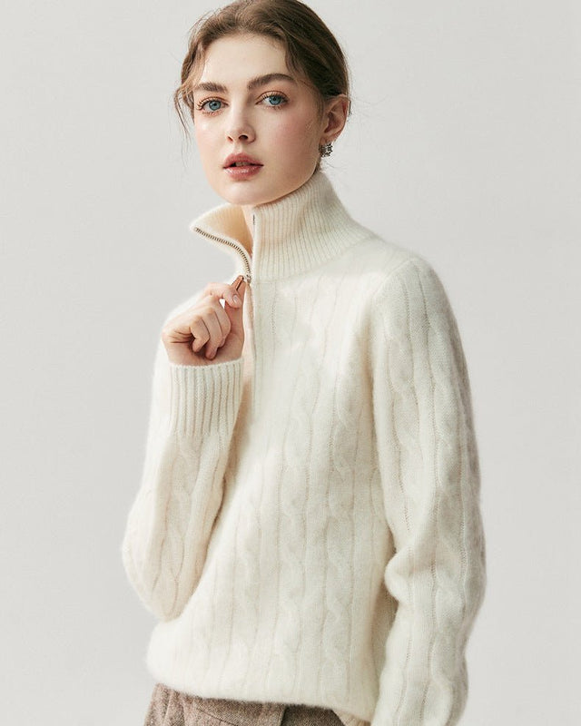 Cashmere Half-Zip Cable Knit Loose Sweater