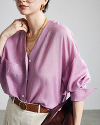 Loose-Fit Long-Sleeve V-Neck Linen Shirt