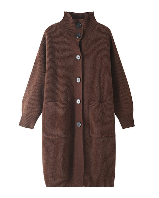 Wool High-Neck Long Cardigan With Pocket