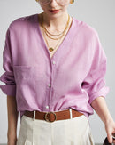 Loose-Fit Long-Sleeve V-Neck Linen Shirt