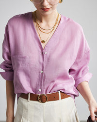 Loose-Fit Long-Sleeve V-Neck Linen Shirt