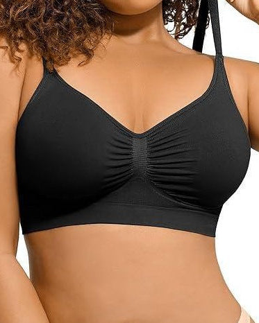 Soft wireless bralette with front ruching, V neck and adjustable thin straps. Seamless invisible design for daily loungewear and layering.
