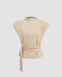 Semi-High Neck Short-Sleeve Waist-Defining Top