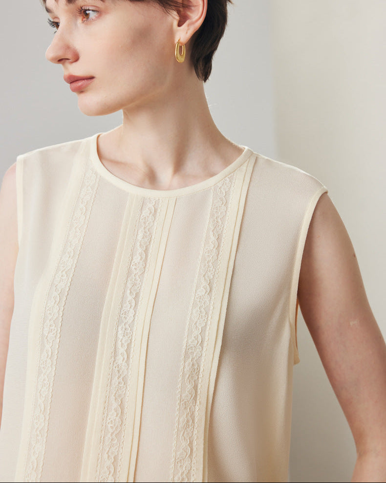 Lace-Paneled Sleeveless Silk Shirt