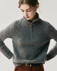 Cashmere Half-Zip Cable Knit Loose Sweater