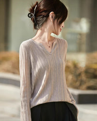 Ribbed V-Neck Bell Sleeve Knit Top