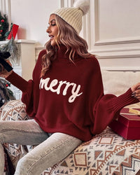 High-Neck Batwing Sleeve Christmas Knit Sweater