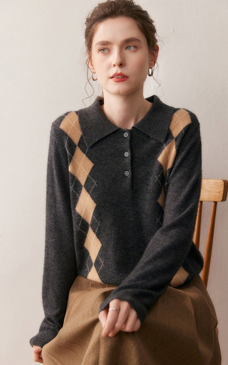 Cashmere Polo Collar Diamond Pattern Sweater