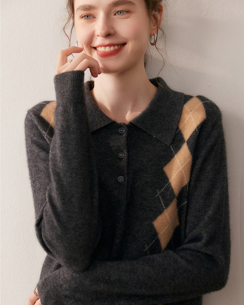 Cashmere Polo Collar Diamond Pattern Sweater