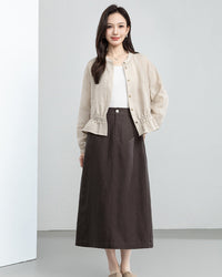 Retro Linen-Blend Straight Skirt