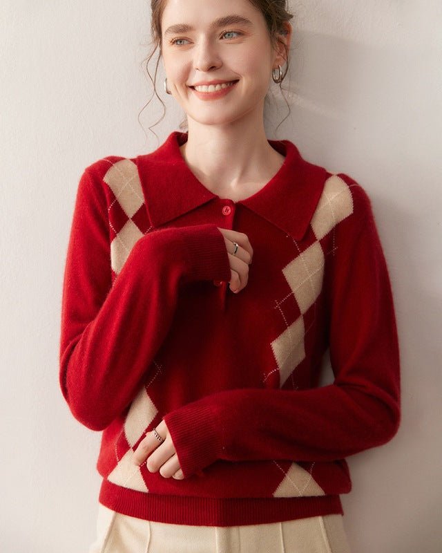 Cashmere Polo Collar Diamond Pattern Sweater