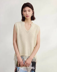 Casual V-Neck Fringed Knit Vest